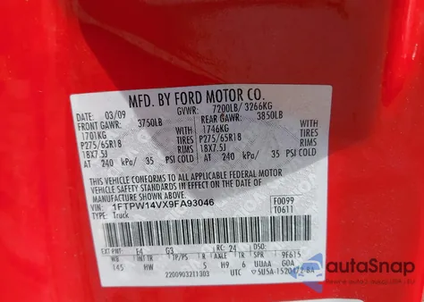 2009 Ford F-150 Fx4/King Ranch/Lariat/Platinum/Xl/Xlt from USA, damaged, VIN 1FTPW14VX9FA93046